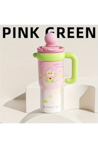 Brightnova 1pc Paslanmaz Çelik Termos Flowers 1.2l 760ml Sevimli Karikatür Tasarım Yeniden Kullanılabilir 07 Beyaz