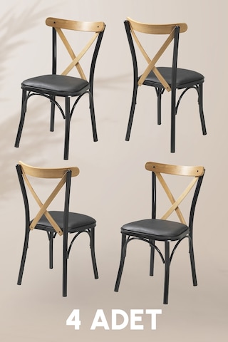 Tonet Sandalye - Deri Kumaş - Metal İskelet - Mutfak Sandalyesi - Salon Sandalyesi 4 Adet Siyah