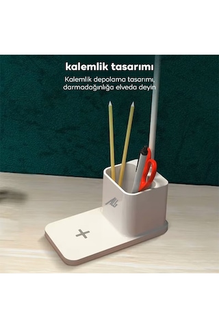 Ally Kablosuz Sarj Göz Korumali Portatif Led Masa Lambasi Kalemlik Beyaz