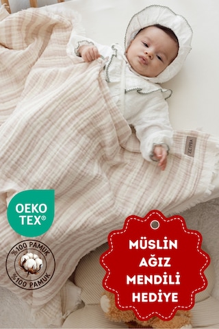 Zeypba 4 Katlı Müslin Örtü Lila Çizgili 110x110 CM Bebek & Çocuk İçin % 100 Pamuk Lila Melanj