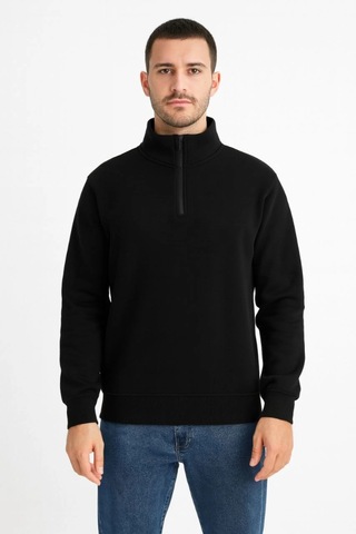 Veraura Lifestyle Erkek Dik Yaka Sweatshirt Dik Yaka Yarım Fermuarlı 3 İplik Şardonlu Pamuk Kumaş - Siyah