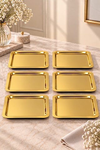 6 Lı Gold Paslanmaz Metal Kahve Sunum Servis Tepsisi Tepsi 22cm