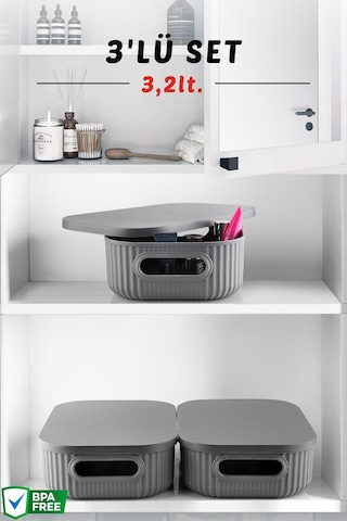3'lü Set Çok Amaçlı Dekoratif Depolama Kutusu 3,2lt Antrasit