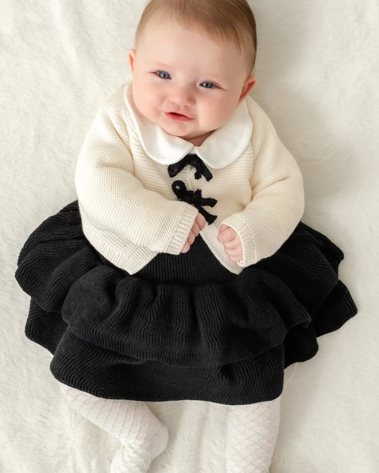 Momercy Adorable Kız Bebek Triko Hırka Body Ve Etek - Siyah Ekru - Siyah