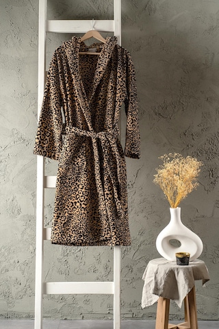 Soley Panthera %100 Pamuk Kadın / Erkek Bornoz Unisex Leopar Baskılı - Kahve Biyeli