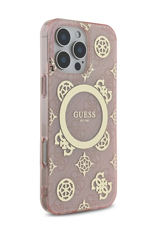 Apple Uyumlu iPhone 16 Pro Max Kılıf Guess Lisanslı Magsafe Özellikli Iml Peony Ve 4g Desenli Klasik Logolu Pembe