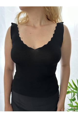 Simli Moda Merdiven Yaka Siyah Triko Bluz - Kadın