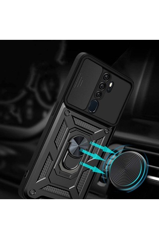 Oppo A5 2020 Kılıf Magnetik Standlı Kamera Korumalı Zore Sürgülü Vega Kapak Mavi