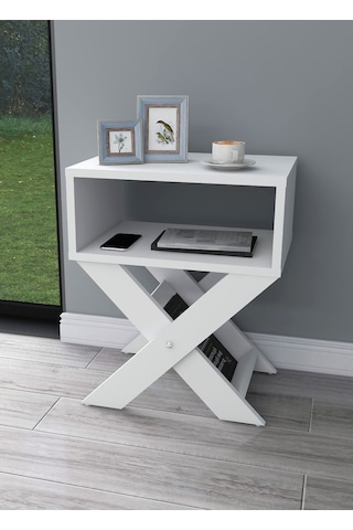 Enda Home X Ayaklı Dergilikli Başucu Komodin Yan Sehpa Sade Beyaz