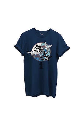 Japon Sanatı Stilinde Turna Kuşları Ve Dalga Desenli %100 Pamuk Regular Fit Unisex T-shirt Lacivert