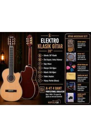 Qcg2303n Elektro Klasik Gitar 39 4 Bant Ekolayzırlı, Gül Ağacı Klavye Full Set: Askı, Tel, Pena, Capo, Tuner, Temizleme Bezi Hediye Natürel