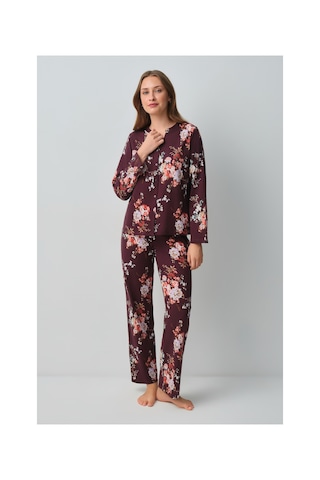 Suwen Mimoza Pamuklu Gömlek Yaka Pijama Takımı Wsh10510154662 Bordo Desenli