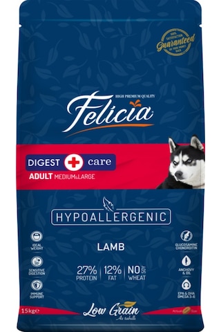 Felicia Düşük Tahıllı Kuzu Etli Orta ve Büyük Irk Yetişkin Köpek Maması 15 KG
