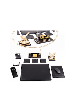 Opta 10 Parça Kartal Biblolu Siyah Deri Sümen Seti Takımı Gold Kalem Ofis Masa İsimliği Lüks İsimlik