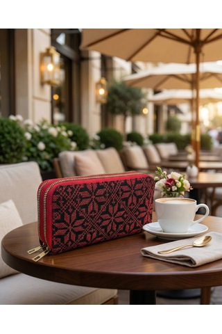 Zaytoon Filistin Geleneksel Kırmızı Nakışlı Çift Fermuarlı Kadın Büyük Cüzdeni 20 X 10 Cm A100026 Kirmizi