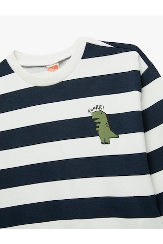 Koton Uzun Kollu Bisiklet Yaka Şardonlu Pamuklu Çizgili Sweatshirt Lacivert Çizgili 7wmb10019tk