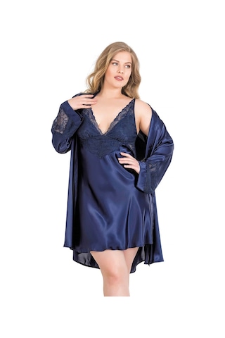 Aria's Closet Arias Closet Büyük Beden Lacivert Kısa İkili Saten Sabahlık Gecelik Takımı Lacivert