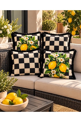 Damalı Limon Desenli 4 Lü Saçaklı Kırlent Kılıfı 45 x 45