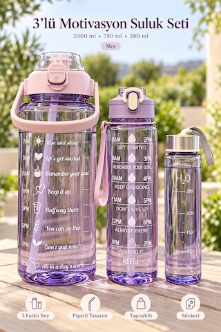 Madamev 3lü Motivasyonel Suluk Matara Seti 2000+750+280ml Pipetli Sticker Askılı Spor Okul Su Şişesi Mor