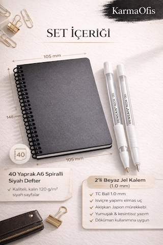 Siyah Sayfalı A6 Defter + 2 Li Beyaz Jel Kalem Seti Premium Yazım Deneyimi Siyah