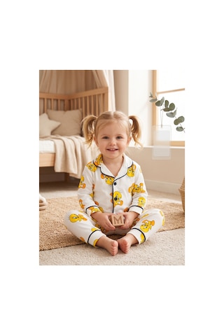 Deniva Kids Tweety Desenli Unisex Bebek Pijama Takımı Beyaz