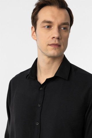 Süvari Siyah Slim Fit Düz Klasik Yaka Gömlek-34097 Siyah