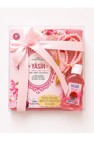 Bilenler Mevlit Hediye Seti İsim Baskılı- Eşarp İnci Tesbih Gül Suyu Özel Kutulu Set Pembe