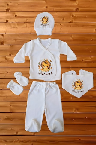 %100 Pamuk Baskılı 5 Li Isimli Organik Bebek Hastane Çıkışı Beyaz