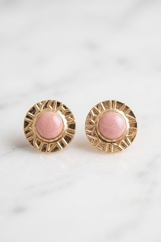 Pembe Mineli Çizgili Vintage Küpe Renkli