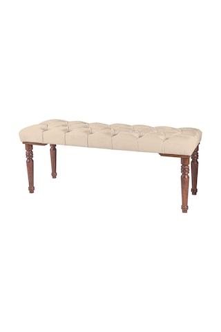 Gazzini Classic Torna Gürgen Ahşap Ayak Chester Model Kapitoneli Krem Puf Bench - Ceviz Ayak