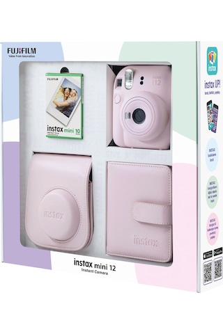 Fujifilm Instax Mini 12 Fotoğraf Makinesi + 10'lu Film Kare Albüm + Deri Kılıf Pembe