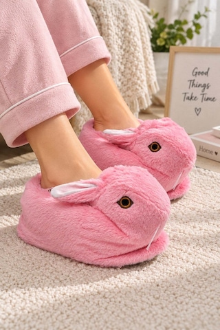 Modafocus Sevimli Tavşan Figürlü Peluş Kadın Ev Pandufu - Pembe Pembe