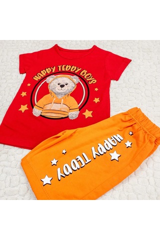 Momikon Erkek Çocuk Happy Teddy Boys Yazılı Pamuklu Takım Kırmızı