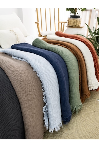 4 Katlı Müslin Yatak Örtüsü - Yeşil Renk Çift Kişilik Pike Yeşil