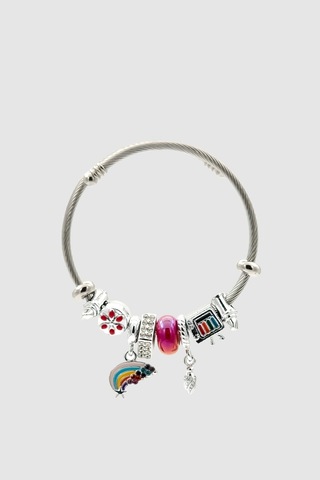 Gökkuşağı Ve Sanat Temalı Charm Detaylı Silver Fuşya Bijuteri Kelepçe Bileklik