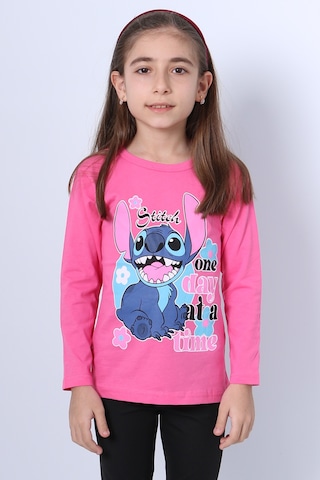Hçm Kız Çocuk Uzun Kollu Tshirt 4 Mevsim Bisiklet Yaka Karakter Baskılı C34 Pembe