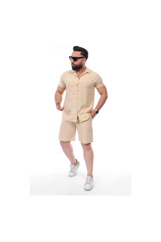 Mcz Giyim Keten Bej Renk Slim Fit Erkek Şort - Gömlek Alt Üst Takım