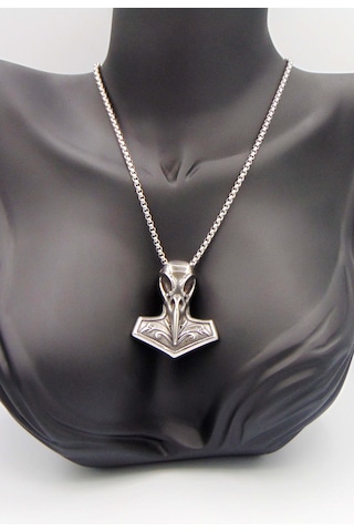 Unisex Gümüş Renk 3d Thor Çekiçi Uçlu Paslanmaz Çelik Kolye 70cm Gümüş