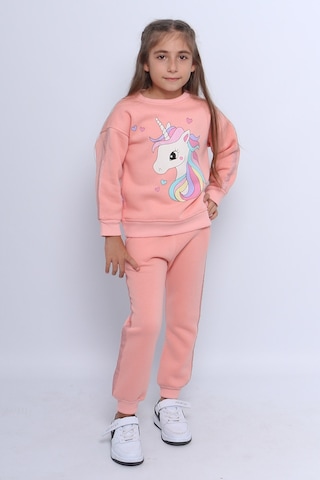 Kız Çocuk 3 İplik Eşofman Takımı Unicorn Baskılı Şeritli C25 Somon