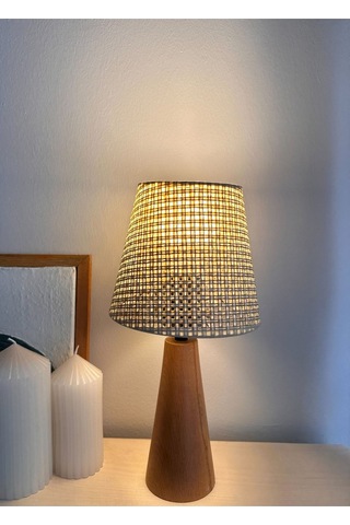 Bohem Ahşap Ayaklı Konik Abajur - Bej Bej