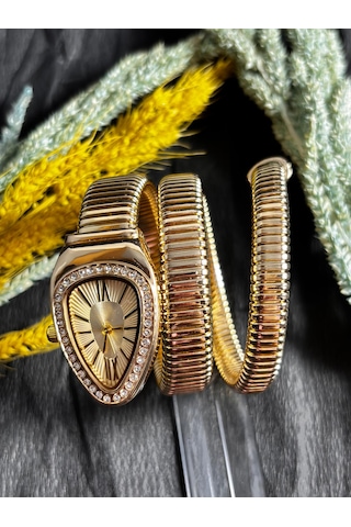 Yafani Gold Gümüş Yılan Model Kadın Saati Altın
