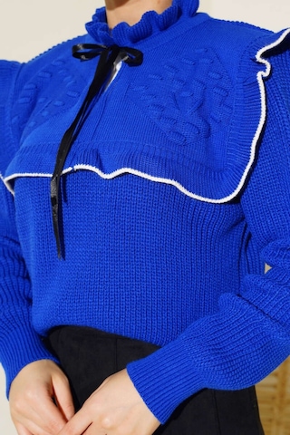 Alisse Kadın Fırfırlı Yaka Bağcıklı Örgü Kazak Saks Saks Mavisi