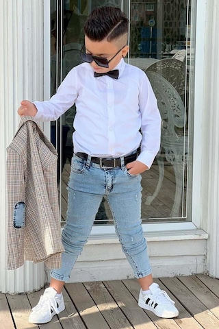 Riccotarz Erkek Çocuk Çizgili Blazer Ceket Kot Pantolon Gri Alt Üst Takım 001