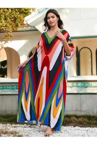 Edolynsa Büyük Beden Kaftan Turuncu Siyah Kırmızı Çizgili Yaz Uzun Plaj Gömlek Elbise Kadın Ev Giyim Kıyafeti Mayo Örtü Bol Kaftan Çok Renkli