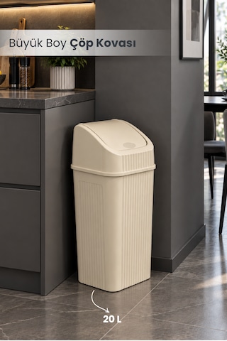 20 Litre Pratik Kapaklı Mutfak Çöp Kovası Büyük Boy Banyo Çöp Kovası Krem