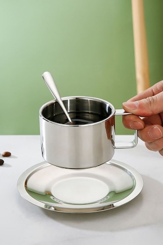 Çelik 2 Adet 3 Parça 200 Ml Çift Cidar Espresso Kahve Fincan Seti Sunum Bardağı Gri