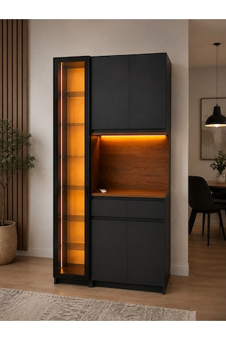 Noir Antrasit Kahve Köşesi Dolabı Led Aydınlatmalı Reflekte Camlı 2 Çekmeceli 200x100x40 Cm Antrasit Ve Ahşap