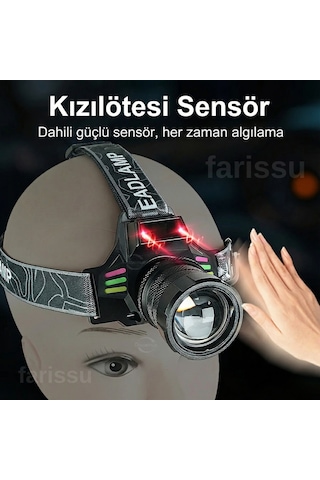 Yedek Pilli 30w Sensörlü Kafa Lambası - Dijital Şarj Göstergeli, 3000 Lümen, Type-c Şarjlı Su Geçirmez Siyah