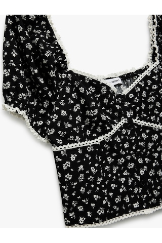 Koton Kalp Yaka Kısa Balon Kollu Çiçekli Crop Bluz Siyah Desenli 5sal60027ıw Siyah Desenli