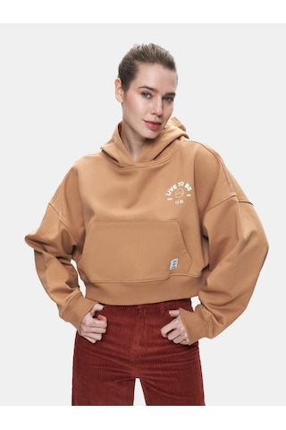 Ltb Uzun Kollu Kapüşonlu Baskılı Kahve Rengi Sweatshırt Kahverengi L